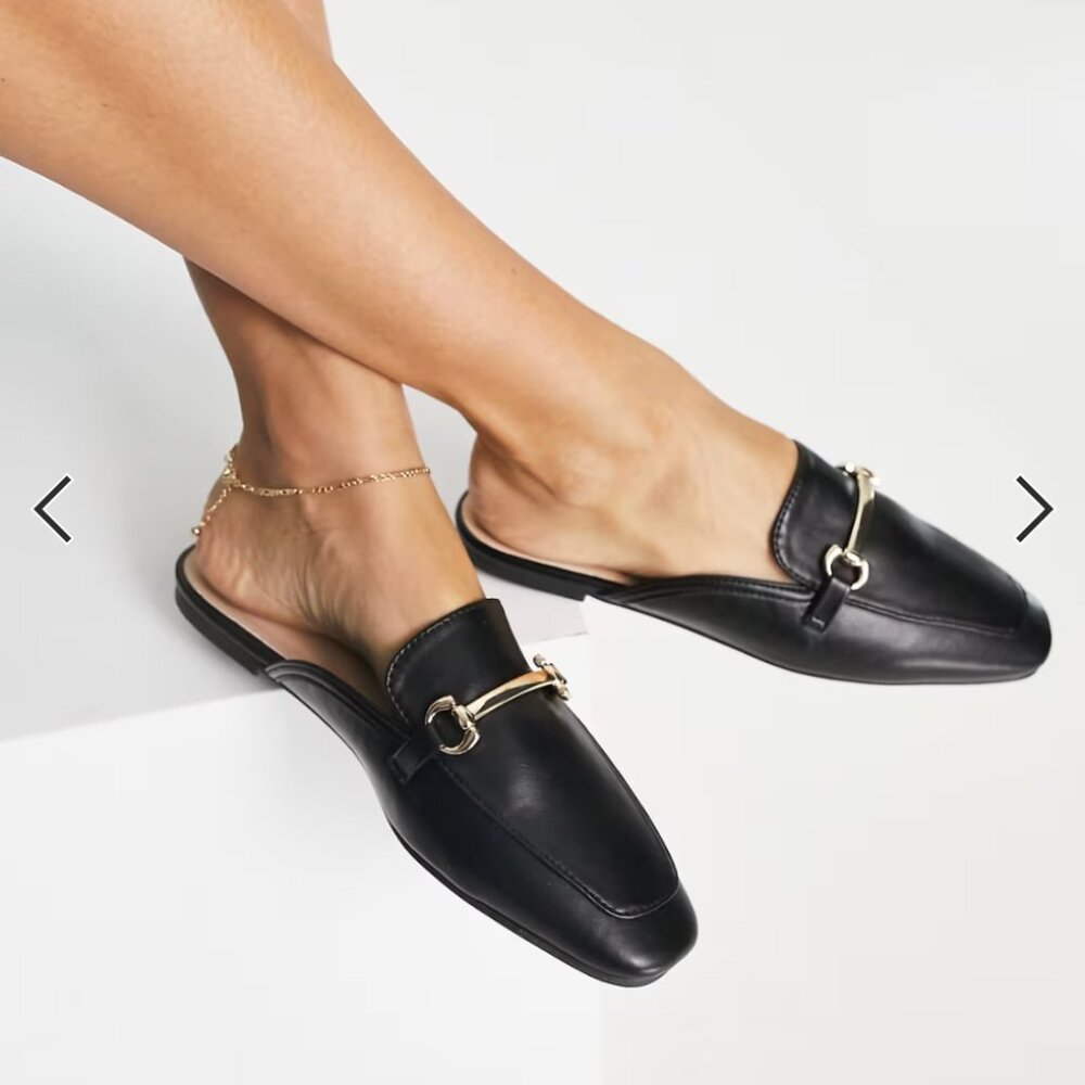 LONDON REBEL Horsebit Mule Loafers Black Faux Leather Size 9 US NEVER WORN
